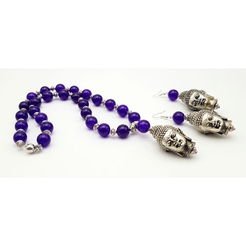 203 - A white mental (untested), Thai Buddhist, dark lavender jade necklace and earrings set with Buddha h... 