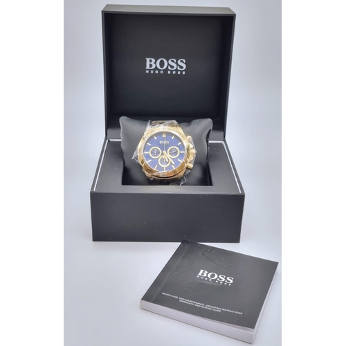 112 - A gents HUGO BOSS CHRONOMETER watch. 45 mm case, with blue dial, water resistant 100 m, sapphire
cry... 