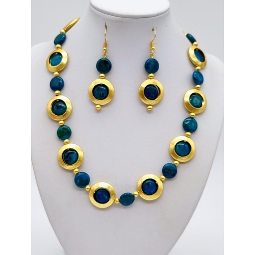 161 - A vintage style necklace and earrings set with rarely seen on jewellery azurite and gilded parts. Ne... 