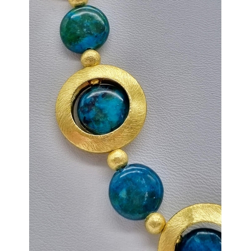 161 - A vintage style necklace and earrings set with rarely seen on jewellery azurite and gilded parts. Ne... 