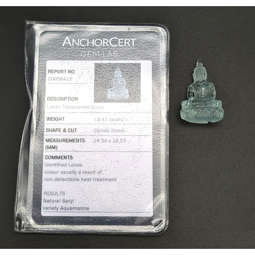 91 - A Carved Natural Aquamarine Buddha Figure. 19.47ct. 28 x 18mm. Anchor gem lab certificate.