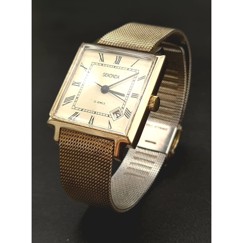 756 - A Vintage Sekonda Gents Watch. Stainless steel mesh strap. Square case - 28 x 28mm. White dial with ... 