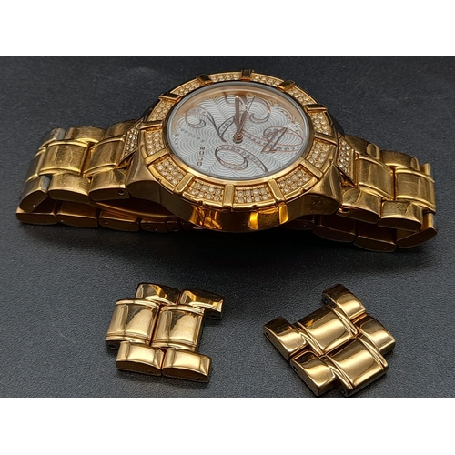 237 - A Police Gold Plated Watch. Gold plated strap and case - 38mm. White stone decorated bezel. White an... 