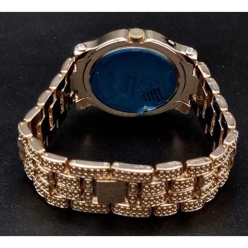 406 - A Techno Bling Watch. Gold plate and white stones throughout. Case - 45mm. In very good condition an... 