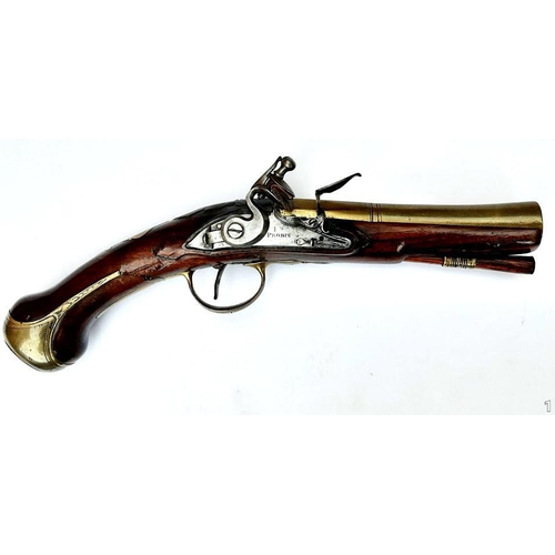 99 - An Antique Probin Blunderbuss Flintlock Single Shot Pistol. A brass round barrelled blunderbuss pist... 