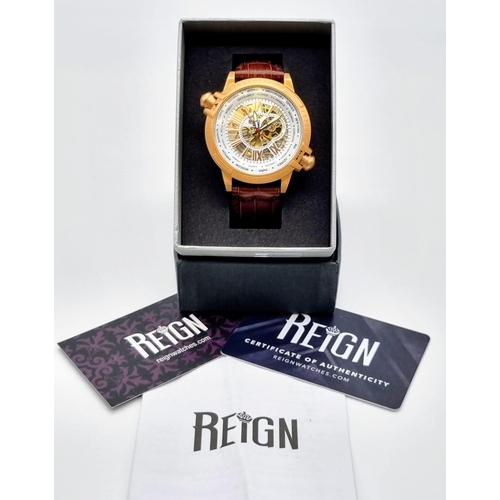 21 - A Reign Chronograph Automatic Gents Watch. Brown leather strap. Rose gold coloured case - 48mm. Skel... 