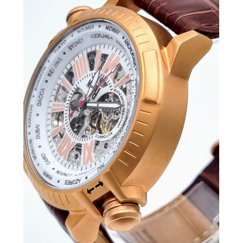 21 - A Reign Chronograph Automatic Gents Watch. Brown leather strap. Rose gold coloured case - 48mm. Skel... 