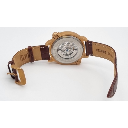 21 - A Reign Chronograph Automatic Gents Watch. Brown leather strap. Rose gold coloured case - 48mm. Skel... 