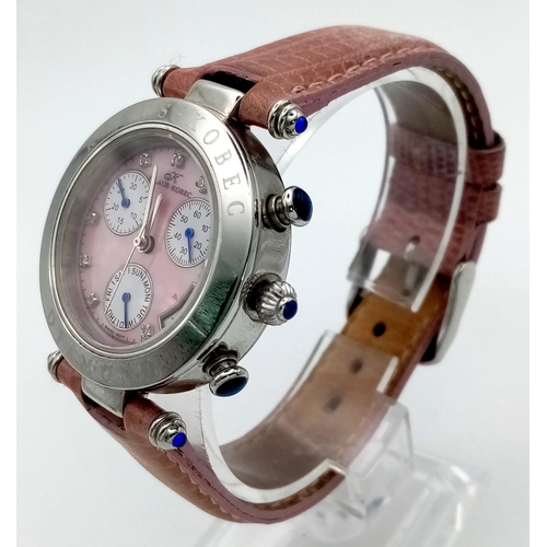 308 - A Klaus Kobec Ladies Chronograph Watch. Leather strap. Case - 33mm. Pink dial with three sub dials. ... 