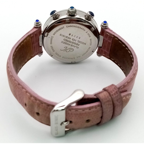 308 - A Klaus Kobec Ladies Chronograph Watch. Leather strap. Case - 33mm. Pink dial with three sub dials. ... 