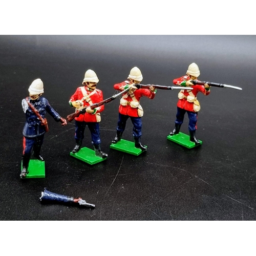 496 - A Vintage Set of Four British Zulu War Lead Soldiers with a Sandbag Wall.