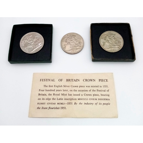 924 - Three Festival of Britain 1951 George VI Crowns. Two in original boxes. Please see photos for condit... 