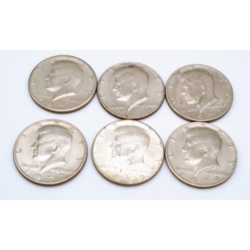 500 - A Collection of Six USA Half Dollars. 1969, 1971, 1972 x2, 1974 and 1976. Please see photos for cond... 