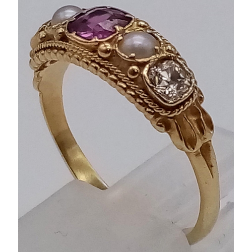 934 - An Antique 18K Yellow Gold Ruby, Pearl and Diamond Ring. Beautiful quality gemstones and pearls. Siz... 