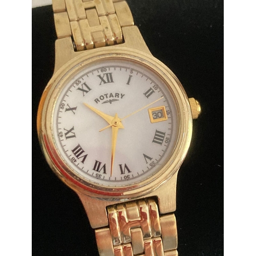 1147 - Ladies ROTARY Quartz wristwatch model LBO3049. Finished in gold tone with clear white face and black... 