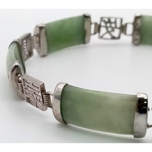 75 - A Vintage Bar Jade Bracelet Set in 925 Silver with Pierced Asian Decorative Connectors. 18cm