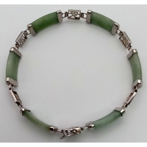 75 - A Vintage Bar Jade Bracelet Set in 925 Silver with Pierced Asian Decorative Connectors. 18cm