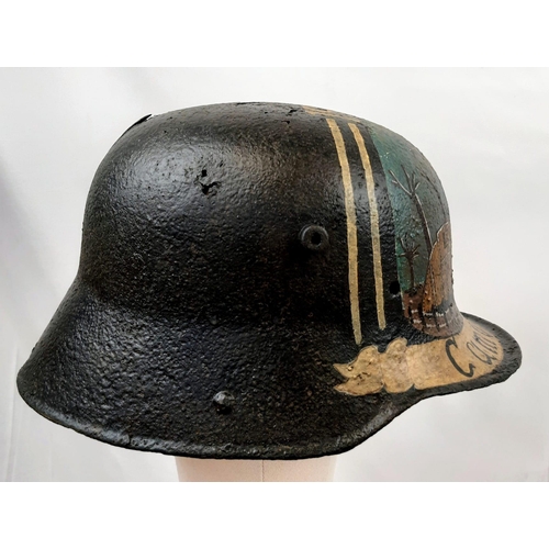 144 - WW1 German Original Helmet Found Near Cambrai with Post War Painted Memorial.