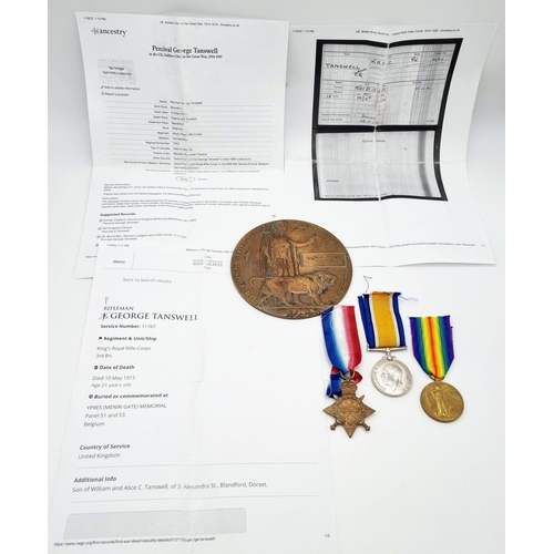 148 - WW1 Medal Trio and Death Plaque to P.G. Tanswell who died during the 2nd Battle of Ypres.