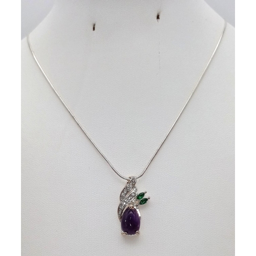 1098 - An Pear Shape Amethyst and Stone Set Pendant Necklace 46cm Sterling Silver Rope Chain.