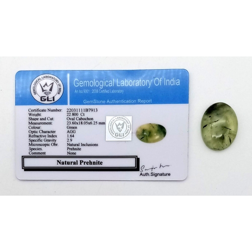 837 - 22.80 Ct Cabochon Prehnite, Oval Shape, GLI Certified.