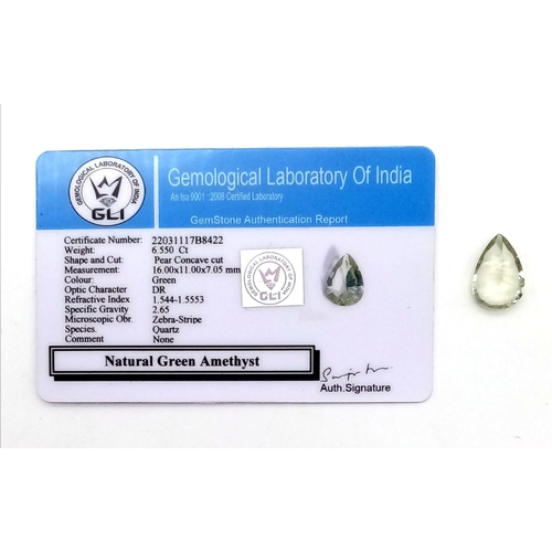 970 - 6.55 Ct Concave Cut Green Amethyst, Pear Shape, GLI Certified