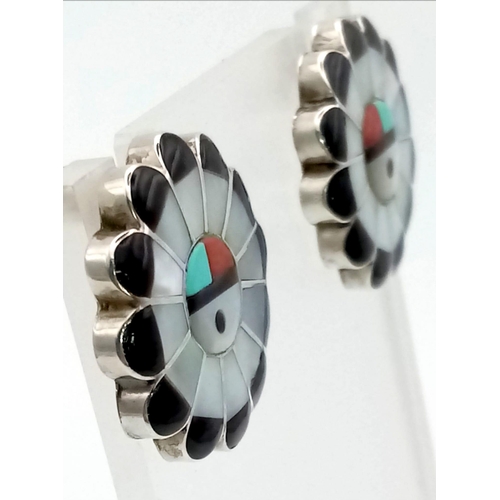 1035 - Vintage Art Deco Style Silver, Onyx and Mother of Pearl Earrings 24mm Diameter.