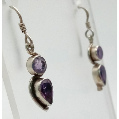 743 - Vintage Sterling Silver and Amethyst Dangle Earrings 3cm Drop in a Presentation Box.