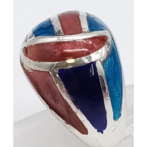 1033 - STERLING SILVER UNION BLUE AND RED ENAMELLED RING 7.1G SIZE L