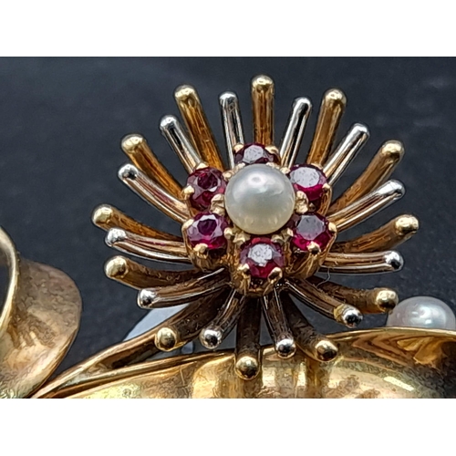 1040 - 9K YELLOW GOLD DIAMOND, PEARL & RUBY SET FLOWER BROOCH 7G