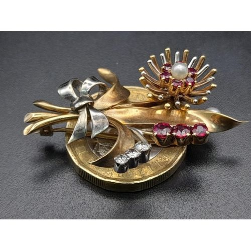 1040 - 9K YELLOW GOLD DIAMOND, PEARL & RUBY SET FLOWER BROOCH 7G