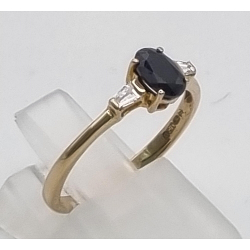 708 - 9K YELLOW GOLD DIAMOND & SAPPHIRE 3 STONE RING 1.3G SIZE L.