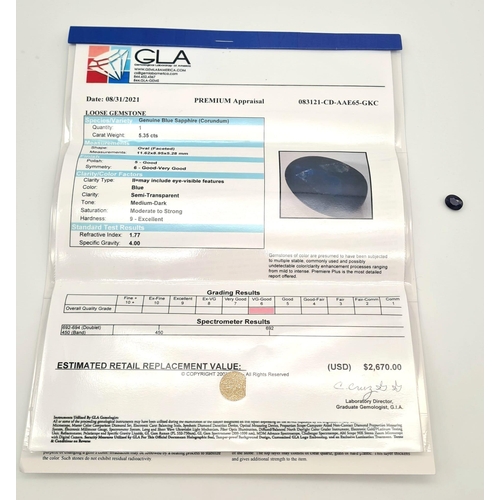 1090 - 5.35ct Blue Sapphire Gemstone GLA Cert.