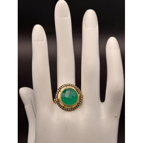 971 - 5ct Green Onyx Gemstone Ring with .34ct of Rose Cut diamonds, 925 silver, gilded finish. Size N 1/2.