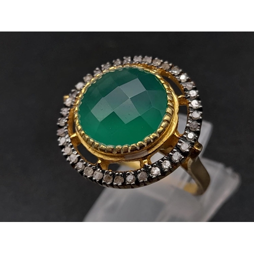 971 - 5ct Green Onyx Gemstone Ring with .34ct of Rose Cut diamonds, 925 silver, gilded finish. Size N 1/2.