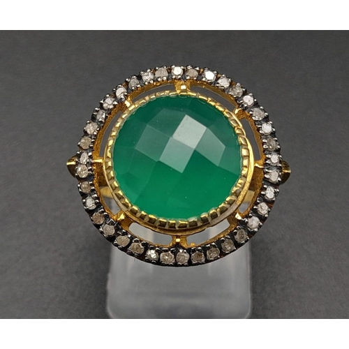 971 - 5ct Green Onyx Gemstone Ring with .34ct of Rose Cut diamonds, 925 silver, gilded finish. Size N 1/2.