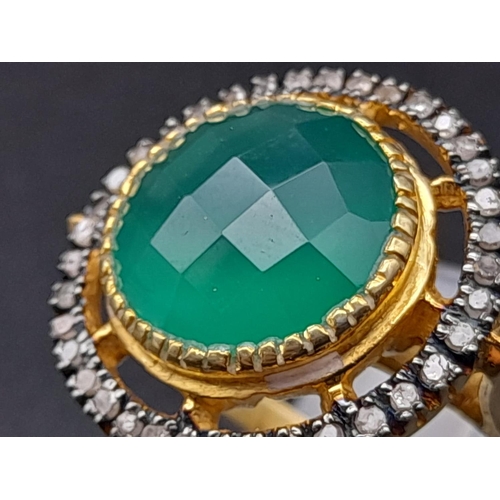 971 - 5ct Green Onyx Gemstone Ring with .34ct of Rose Cut diamonds, 925 silver, gilded finish. Size N 1/2.