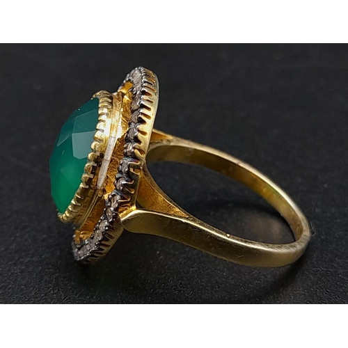 971 - 5ct Green Onyx Gemstone Ring with .34ct of Rose Cut diamonds, 925 silver, gilded finish. Size N 1/2.