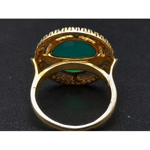 971 - 5ct Green Onyx Gemstone Ring with .34ct of Rose Cut diamonds, 925 silver, gilded finish. Size N 1/2.