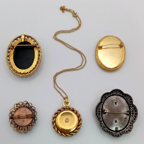 835 - A Selection of Five Vintage Cameo Brooches.