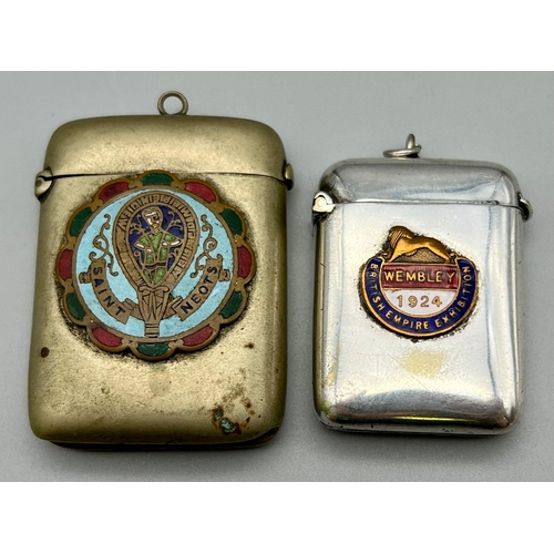 1200 - Two Antique Silver Plate Vesta Cases Both with Interesting Enamel Additions.