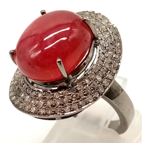 1196 - 16ct Cabochon Ruby Gemstone Ring with .85ct of diamonds in a Pave Setting, set in 925 silver. Size P... 