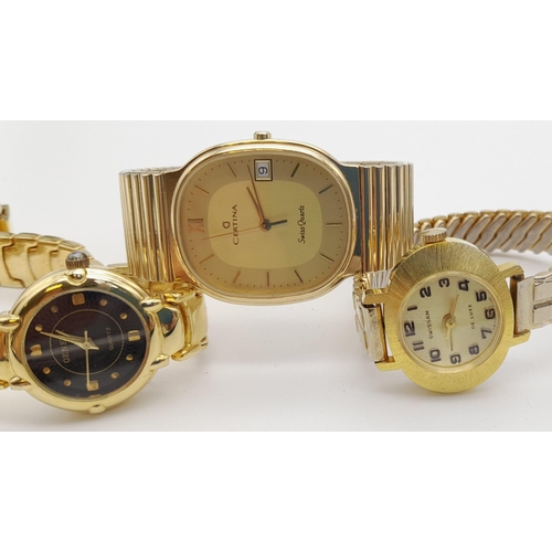 1190 - Three Gold Plated Ladies Watches. All quartz movement. All in working order.