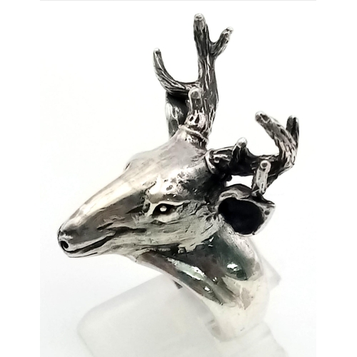 291 - A Solid Silver Deer with Antlers Ring. Size K. 13.58g.