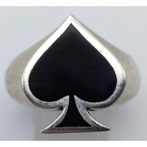 44 - A Solid Silver and Black Enamel Gents Ace of Spades Ring. Size Y. 9.83g. Motorhead anyone?