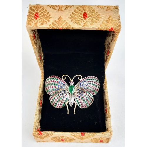 1185 - Butterfly Shaped Brooch Combo Pendant, Gold on 925 Silver with Rubies, Emeralds, Sapphires, Central ... 