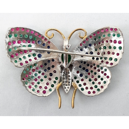 1185 - Butterfly Shaped Brooch Combo Pendant, Gold on 925 Silver with Rubies, Emeralds, Sapphires, Central ... 