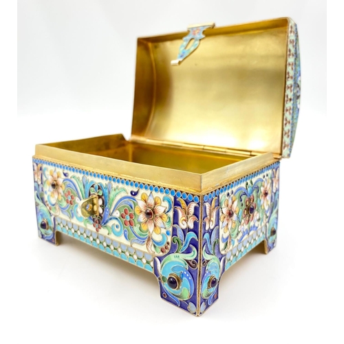 582 - An Antique Russian Silver Gilt and Cloisonné Enamel Jewellery Box. Rich interior gilding and inlaid ... 