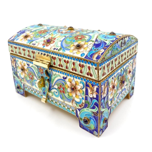 582 - An Antique Russian Silver Gilt and Cloisonné Enamel Jewellery Box. Rich interior gilding and inlaid ... 