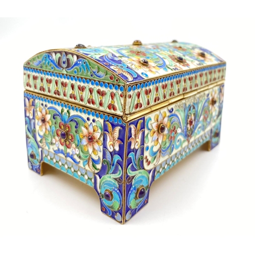 582 - An Antique Russian Silver Gilt and Cloisonné Enamel Jewellery Box. Rich interior gilding and inlaid ... 